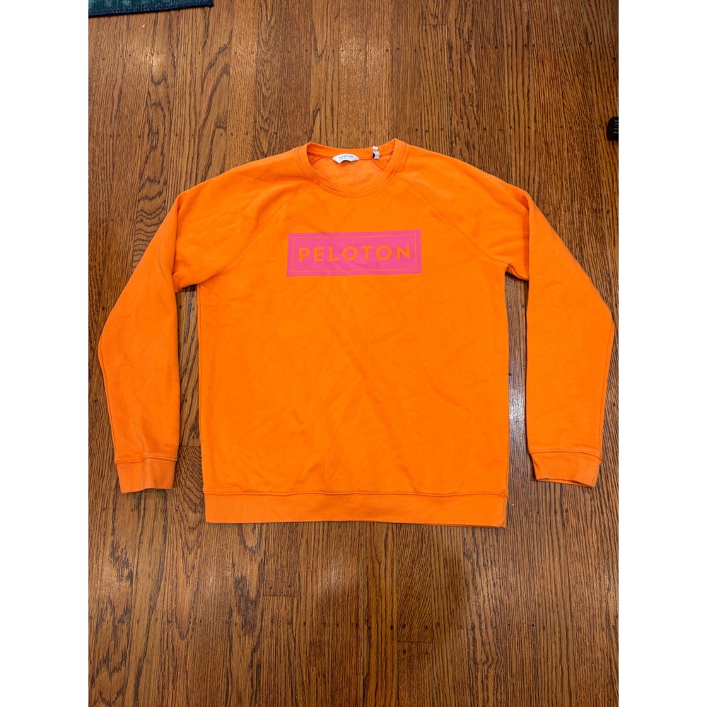 Peloton Womens M Orange Pink Box Logo Raglan Fleece Crewneck Sweatshirt Pullover